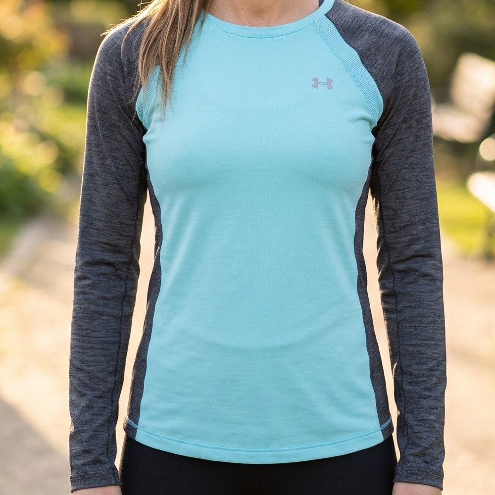 Under Armour ColdGear Women Long Sleeve Top Blue Gray Fitted Raglan Activewear